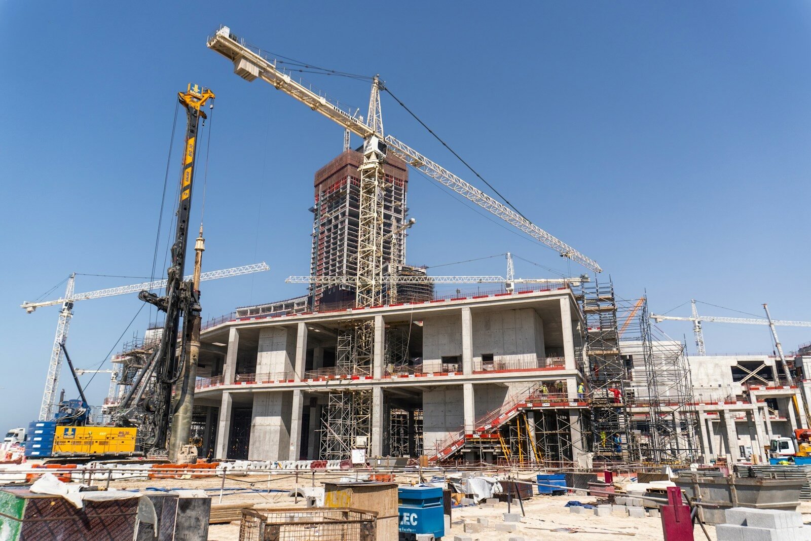Construction of a large building is in progress.